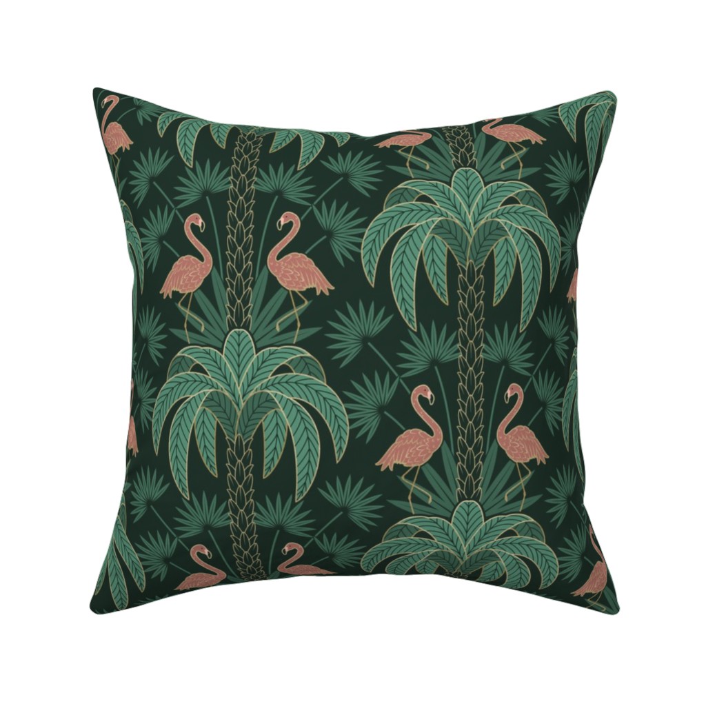 Palm Trees and Flamingos Deco Tropical Damask - Green Pillow, Woven, White, 16x16, Double Sided, Green