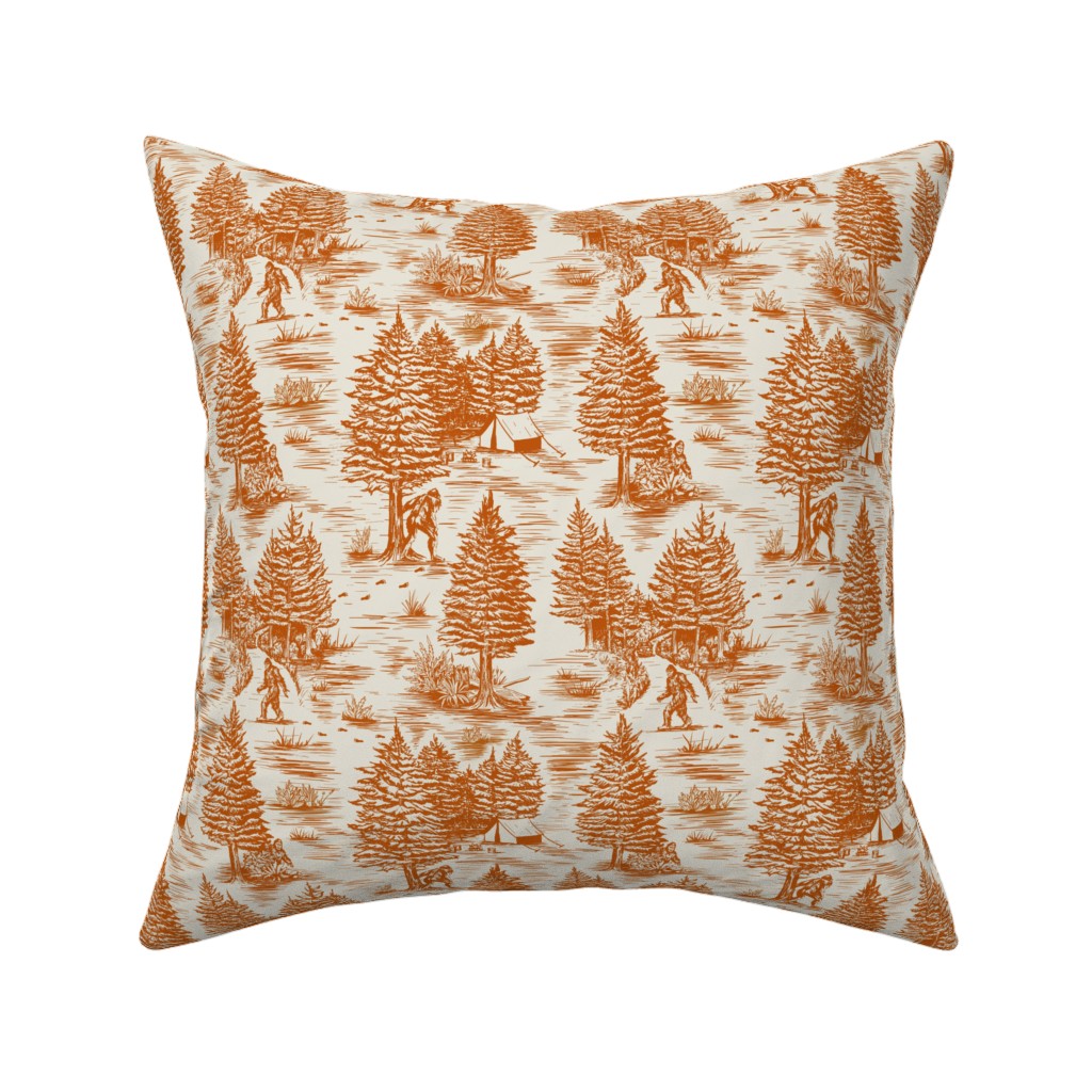 Bigfoot Sasquatch Toile De Jouy Pillow, Woven, White, 16x16, Double Sided, Orange