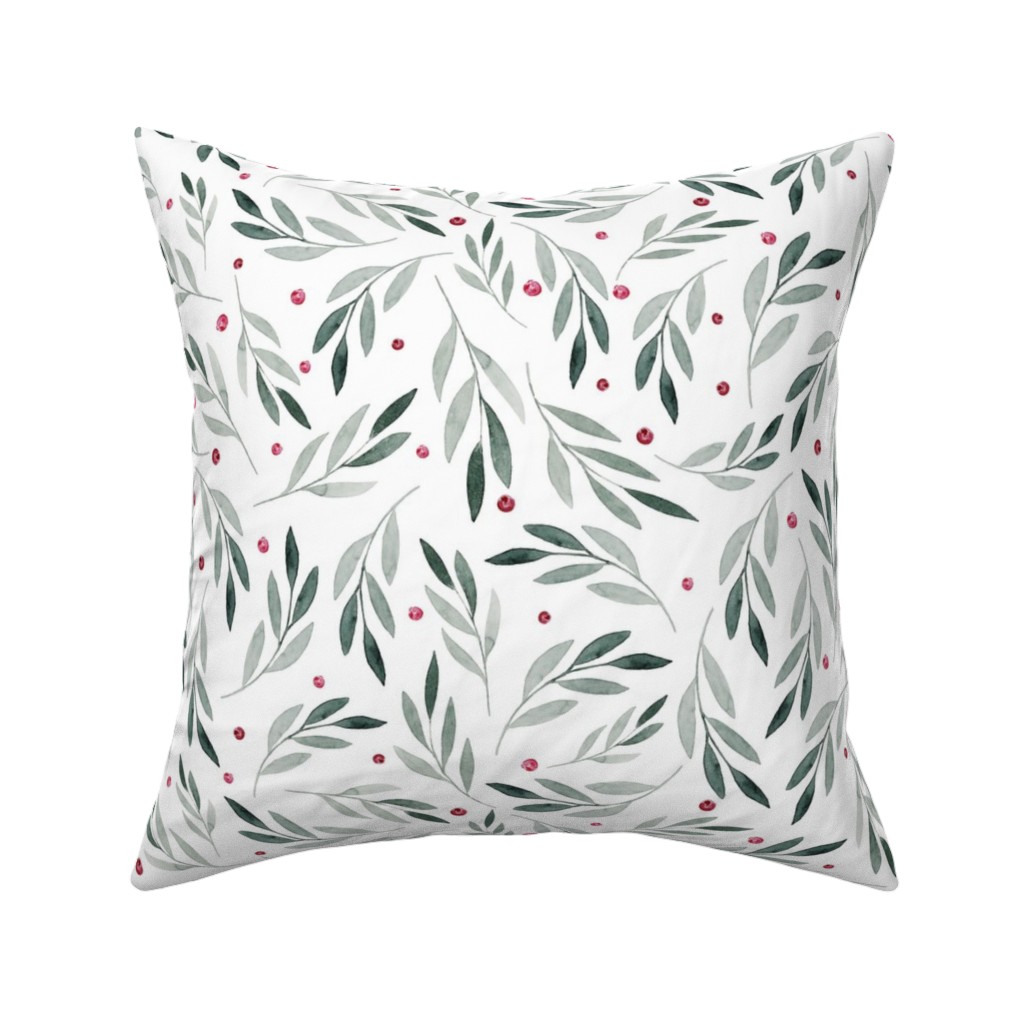 Festive Christmas Green Leaves & Red Berries Pillow, Woven, White, 16x16, Double Sided, White
