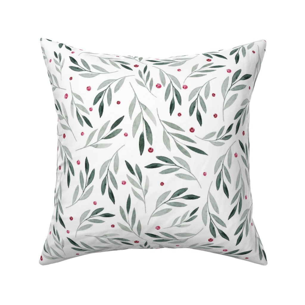 Festive Christmas Green Leaves & Red Berries Pillow, Woven, White, 16x16, Double Sided, White, White