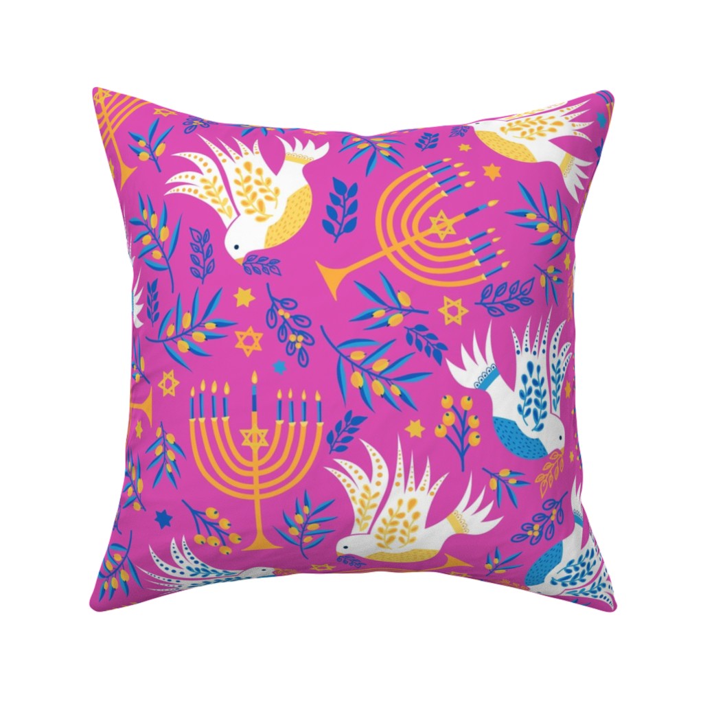 Hanukkah Birds Menorahs Pillow, Woven, White, 16x16, Double Sided, Pink, Pink Lady