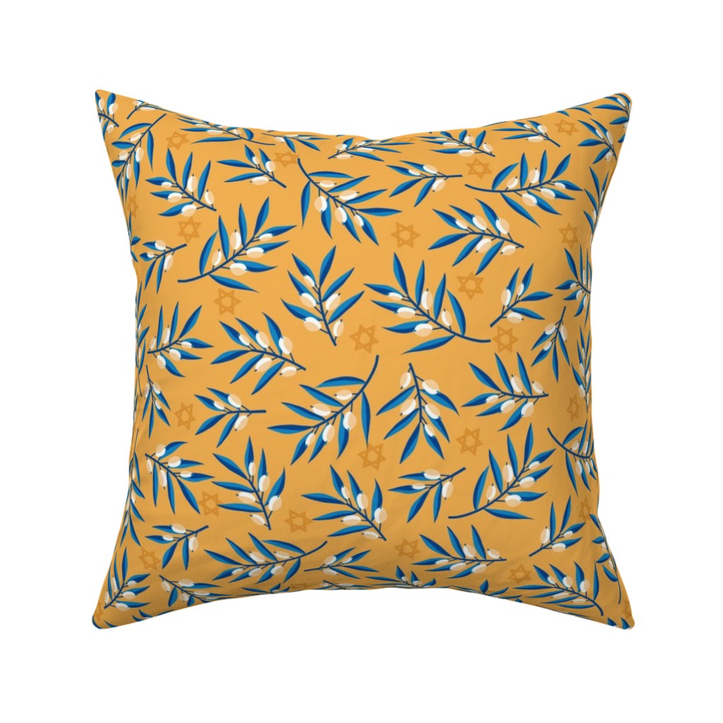 Olive Branches Hanukkah - Blue on Yellow Pillow, Woven, White, 16x16, Double Sided, Yellow