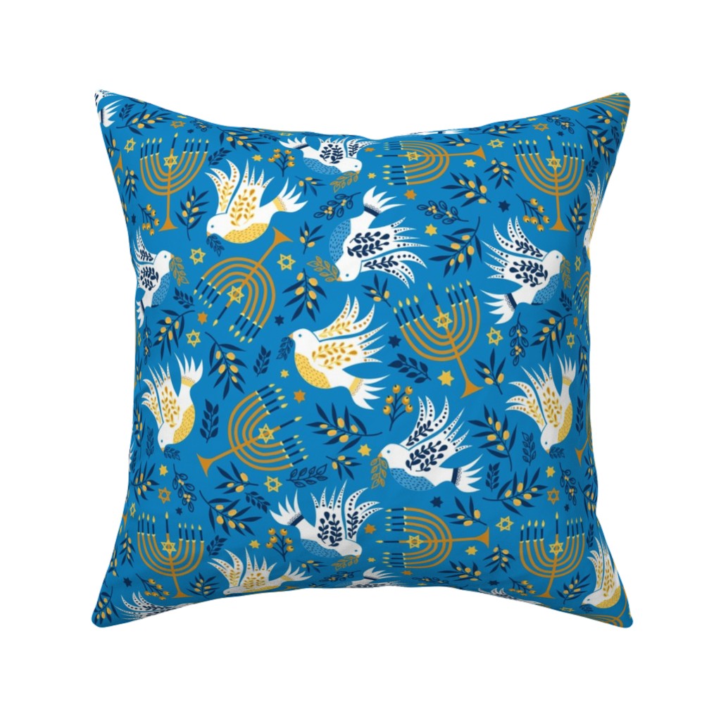Hanukkah Birds Menorahs - Light Blue Pillow, Woven, White, 16x16, Double Sided, Blue