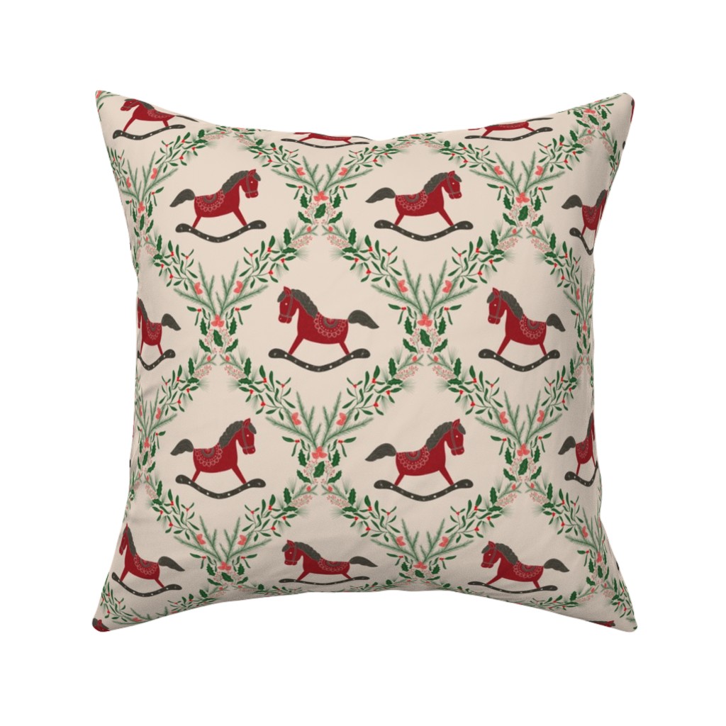 Christmas Wreath and Wooden Horse Pillow, Woven, White, 16x16, Double Sided, Multicolor