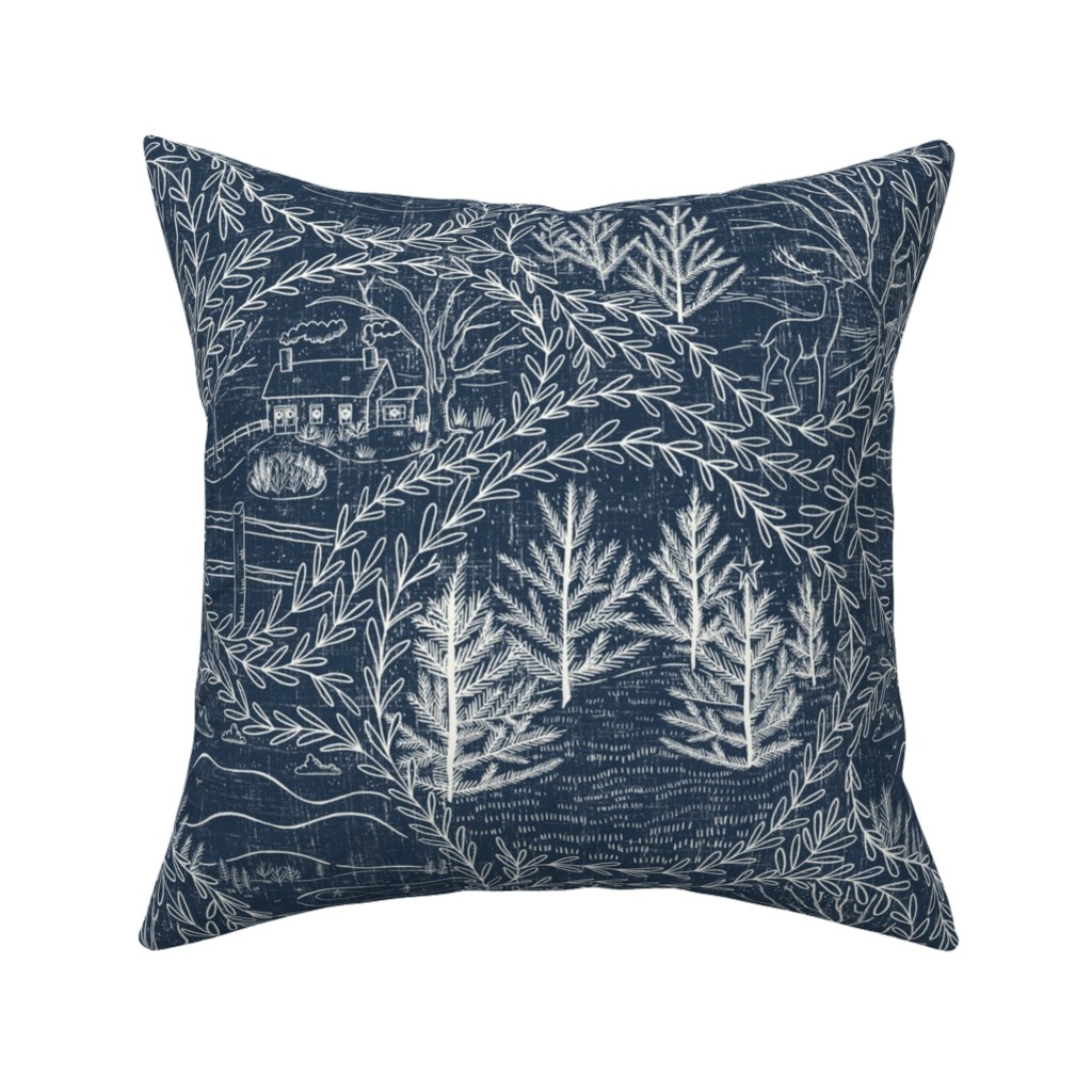 Winter Holiday Toile - Navy Pillow, Woven, White, 16x16, Double Sided, Blue