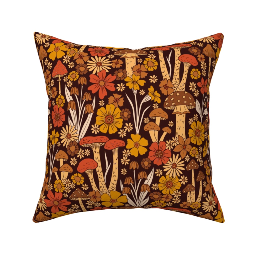 Retro 1970s Mushroom & Flowers - Brown and Orange Pillow, Woven, White, 16x16, Double Sided, Orange, Orange