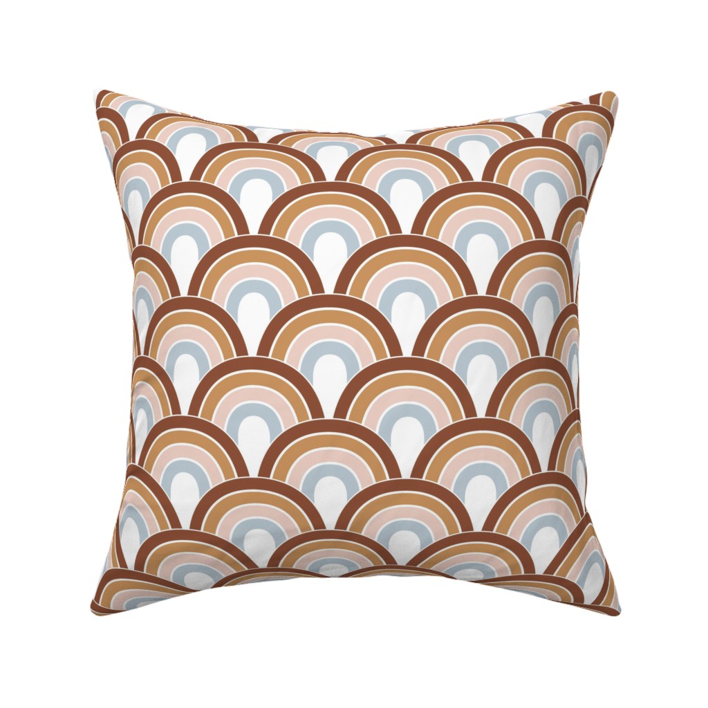 Retro Rainbow Waves - Scales and Curves - Rust Beige Blush Blue on White Pillow, Woven, White, 16x16, Double Sided, Orange