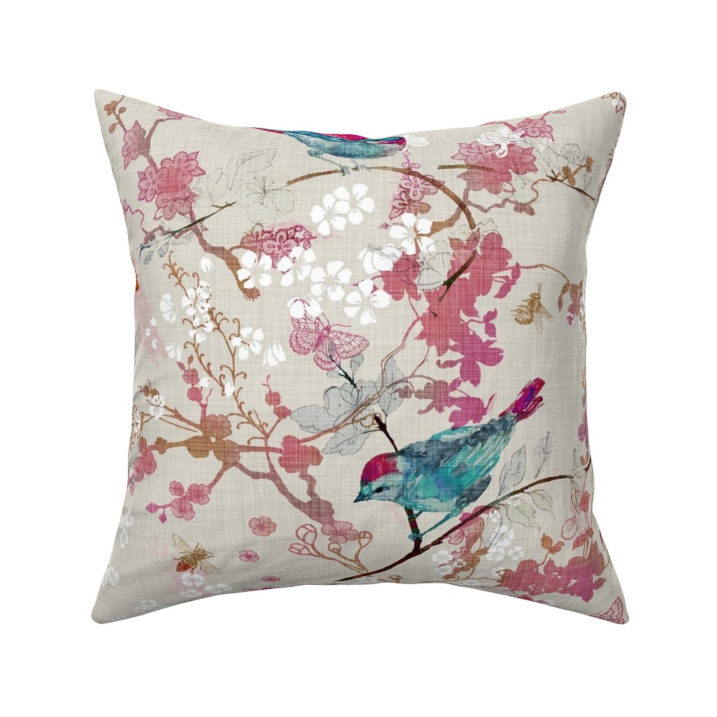 Birds + the Bees - Rose Pillow, Woven, White, 16x16, Double Sided, Multicolor