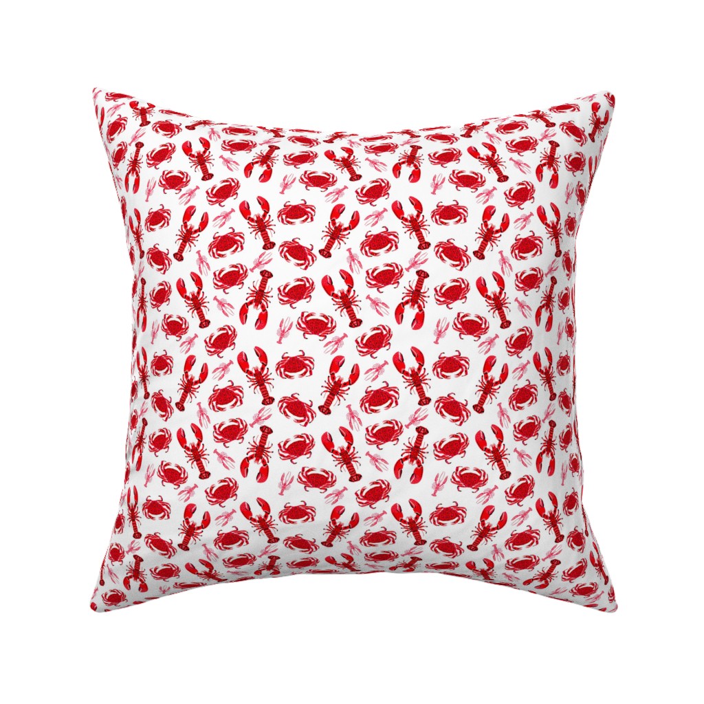 Crabs and Lobsters - Red Crustaceans on White Pillow, Woven, White, 16x16, Double Sided, Red