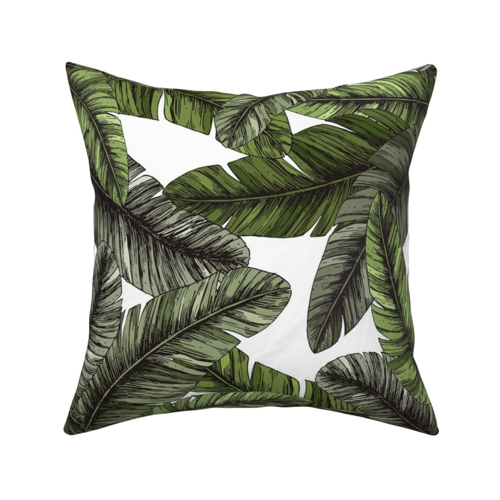 Tropical Palm Leaves - Green Pillow, Woven, White, 16x16, Double Sided, Green