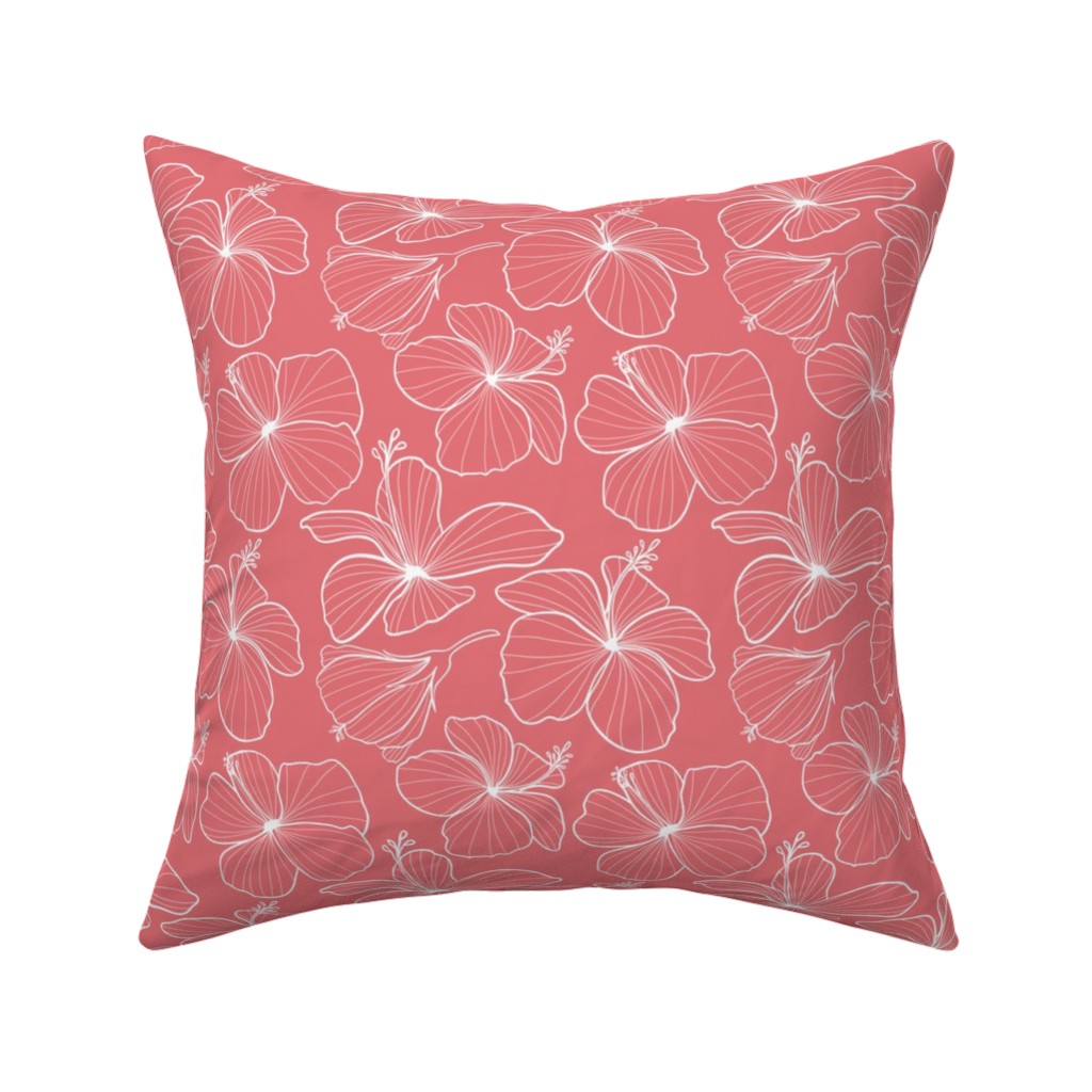 Hibiscus Line Art - Pink Pillow, Woven, White, 16x16, Double Sided, Pink, Bright Pink