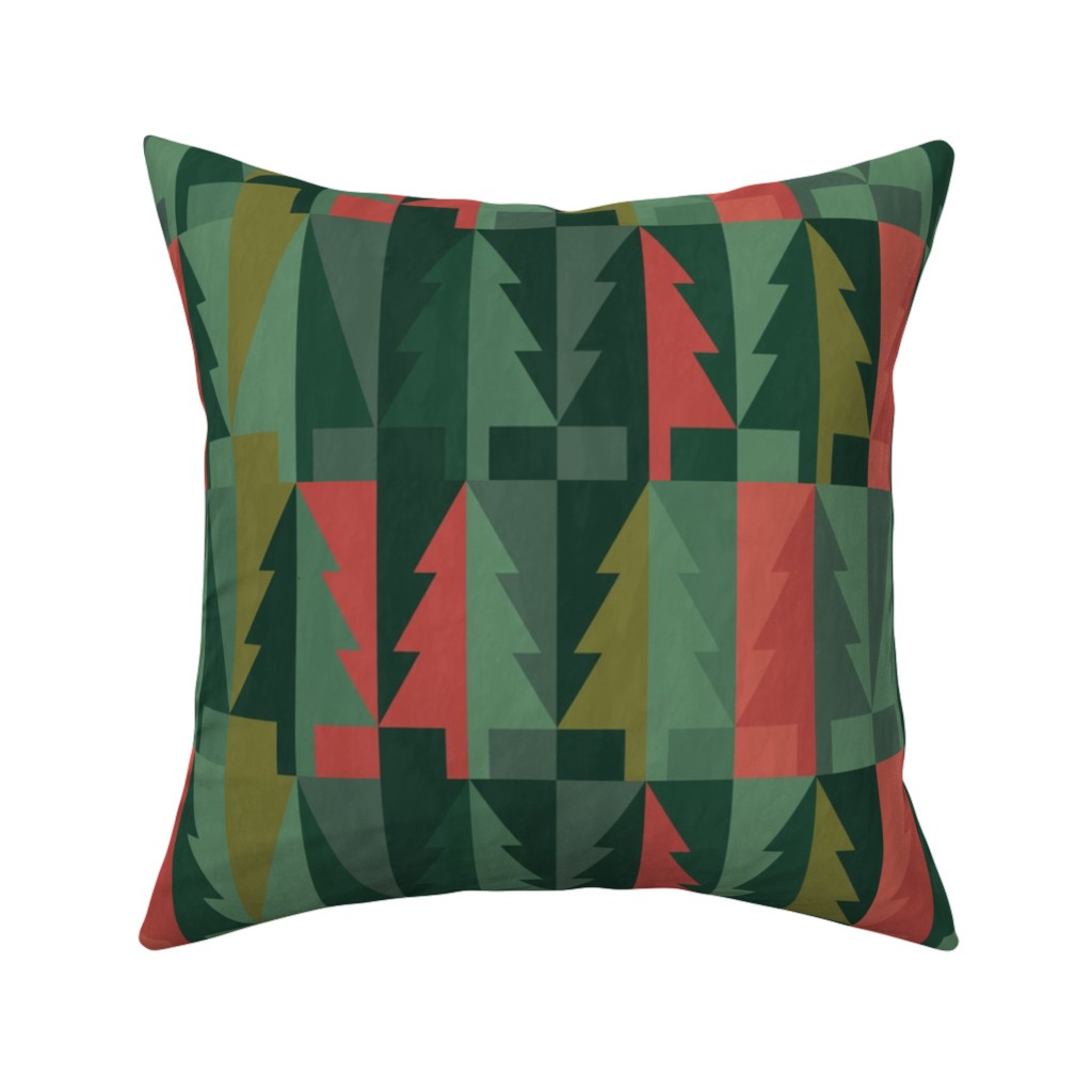 Geometric Forest - Red and Green Pillow, Woven, White, 16x16, Double Sided, Green