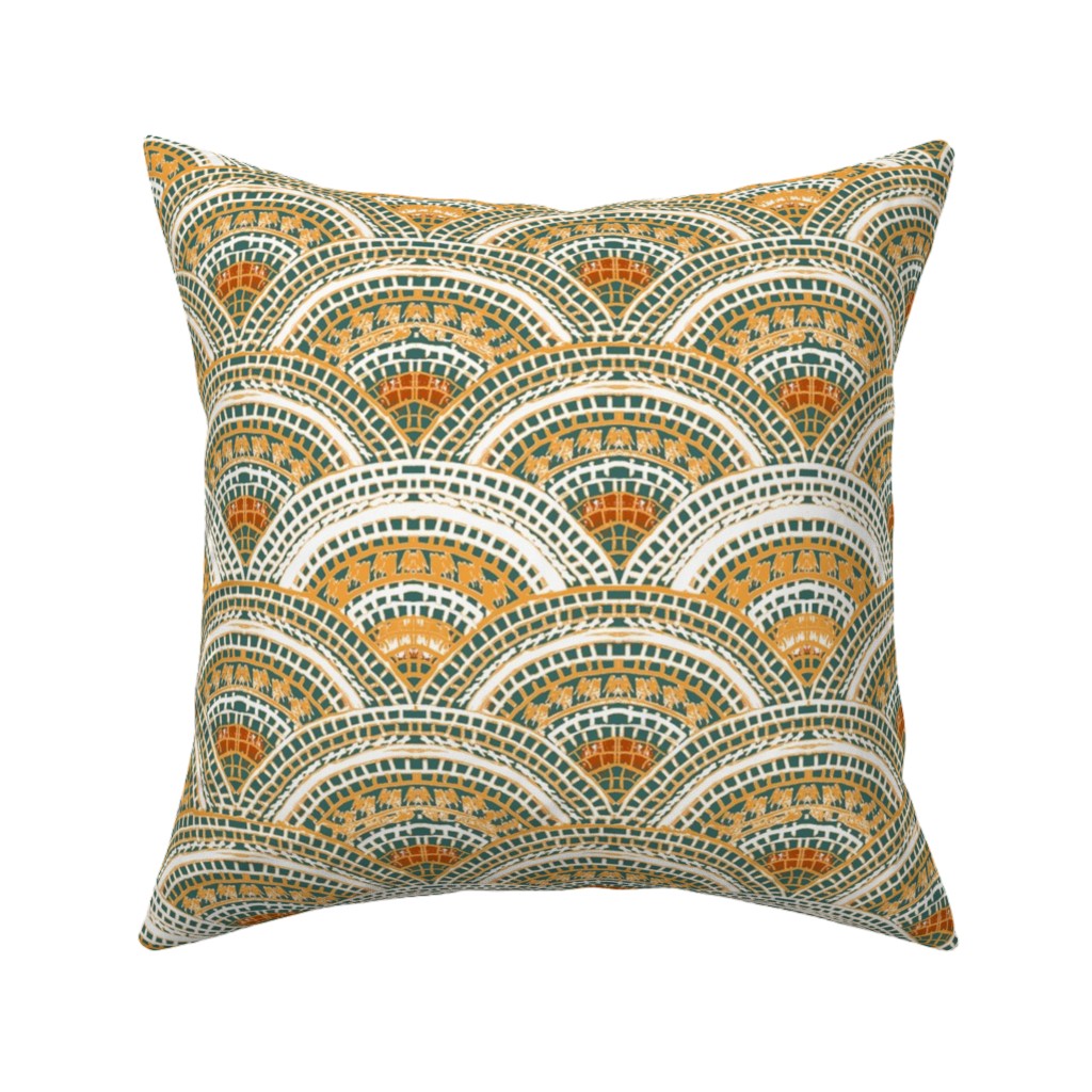 Earthy Fans - Orange Green and Gold Pillow, Woven, White, 16x16, Double Sided, Multicolor