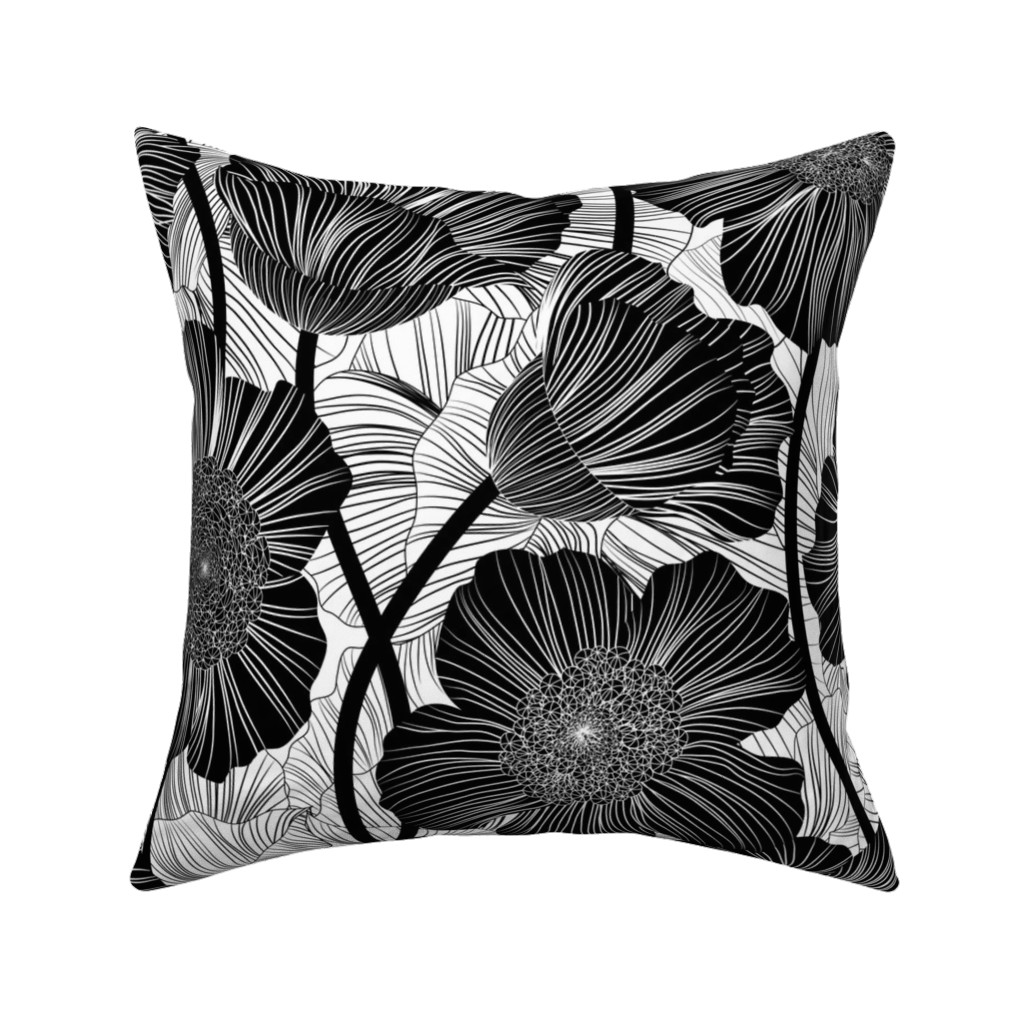 Mid Century Modern Floral - Black and White Pillow, Woven, White, 16x16, Double Sided, Black