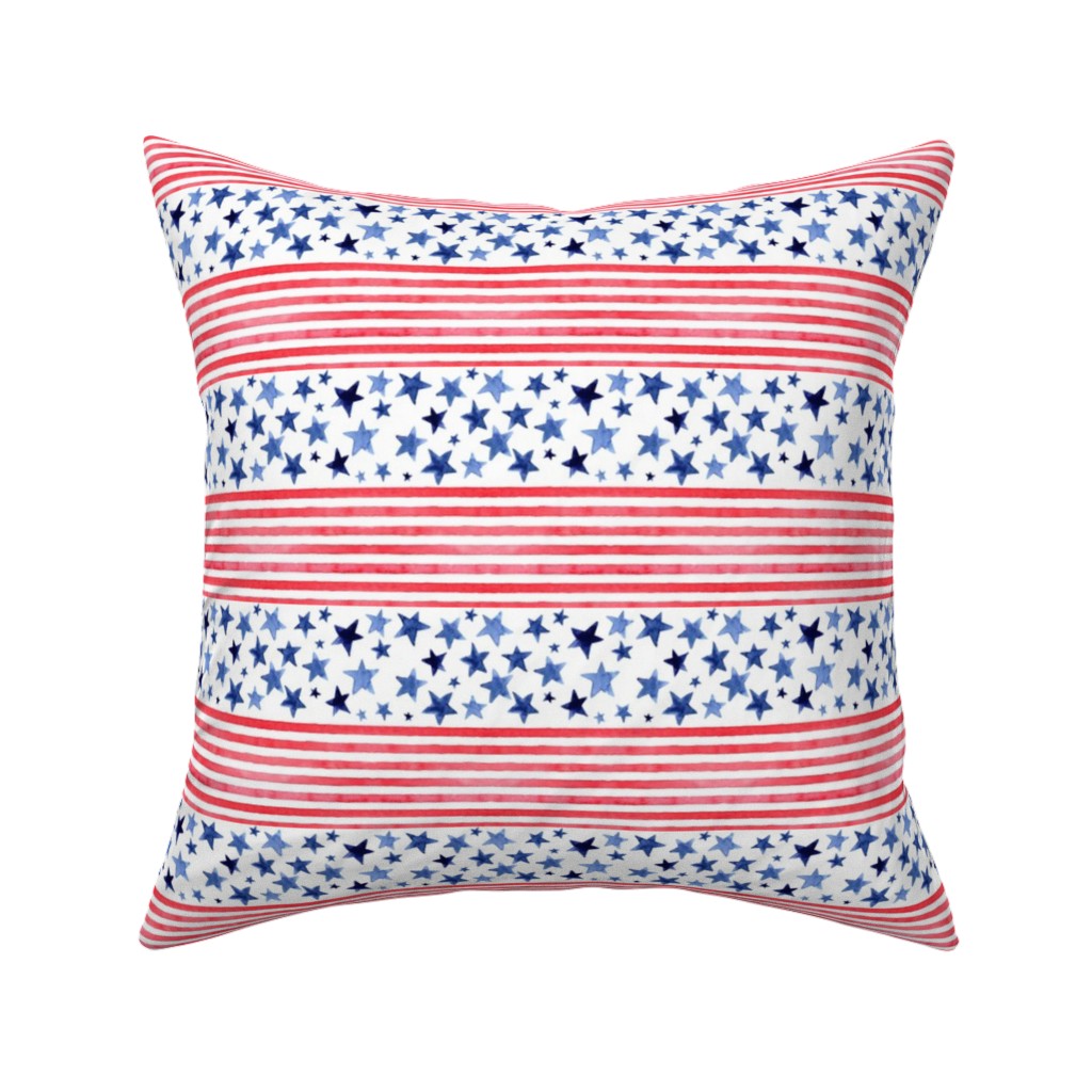 Watercolor Stars and Stripes - Red White and Blue Pillow, Woven, White, 16x16, Double Sided, Red