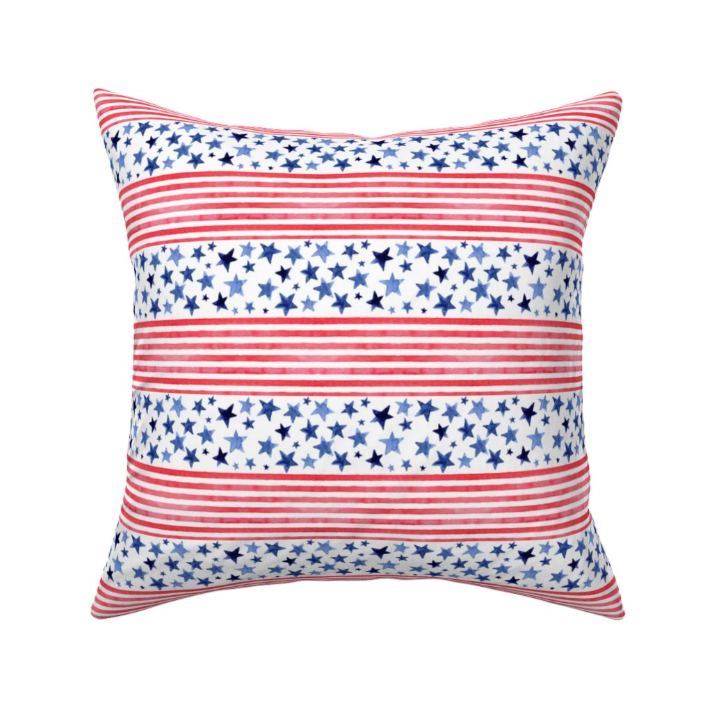 Watercolor Stars and Stripes - Red White and Blue Pillow, Woven, White, 16x16, Double Sided, Red, Red