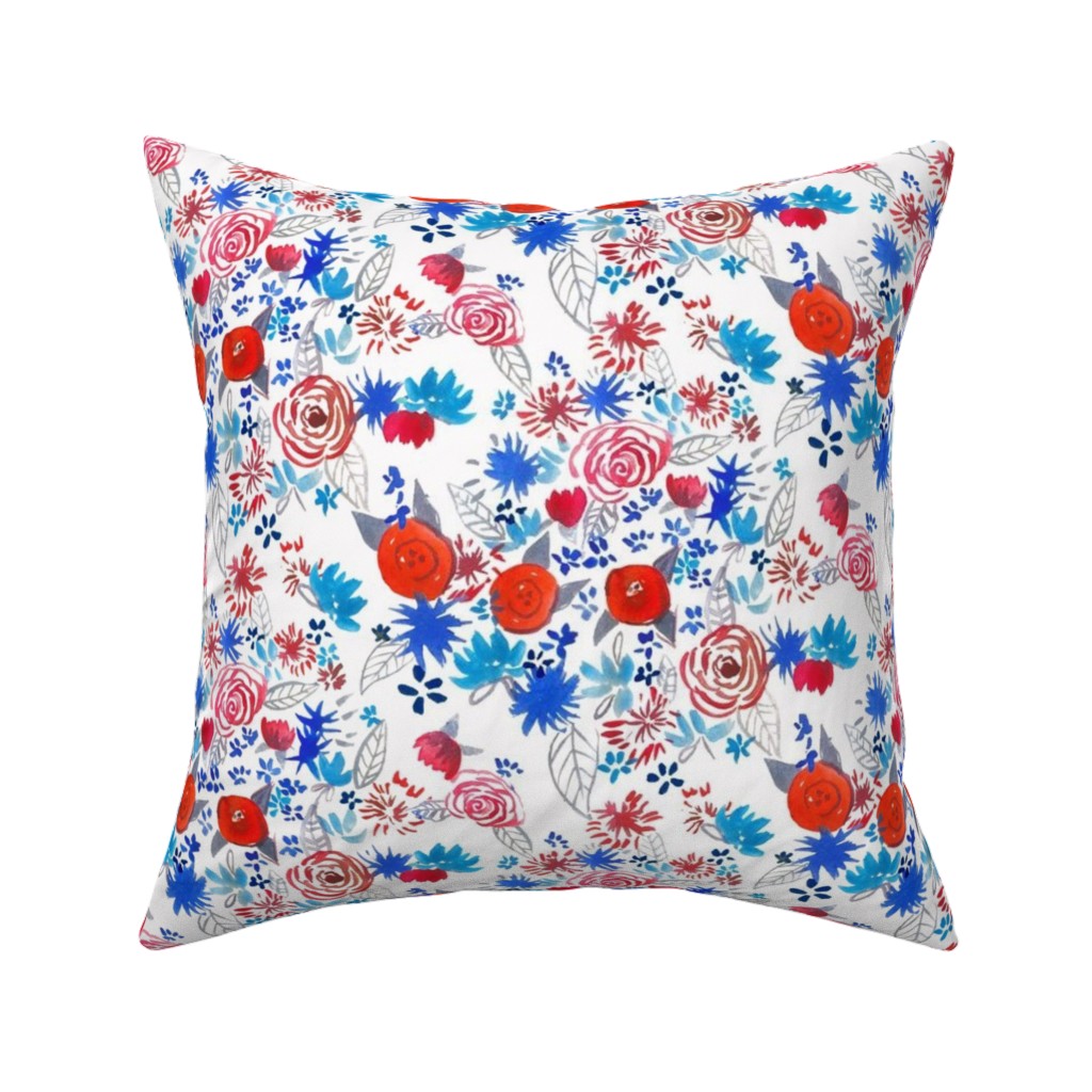 Patriotic Watercolor Floral - Red White and Blue Pillow, Woven, White, 16x16, Double Sided, Multicolor
