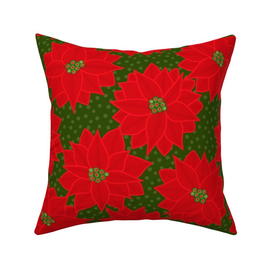 Christmas Poinsettia on Green Pillow, Woven, White, 16x16, Double Sided, Red