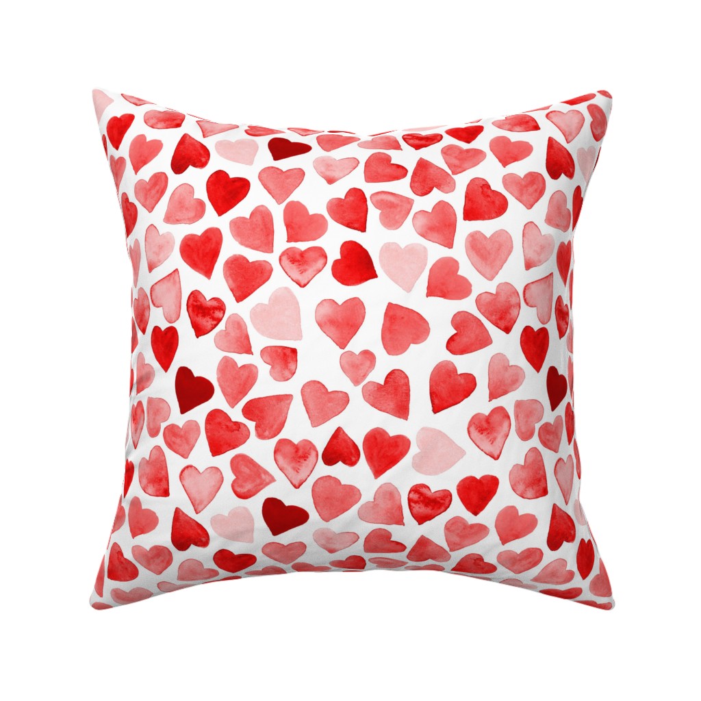 Red Hearts Watercolor - Red Pillow, Woven, White, 16x16, Double Sided, Red
