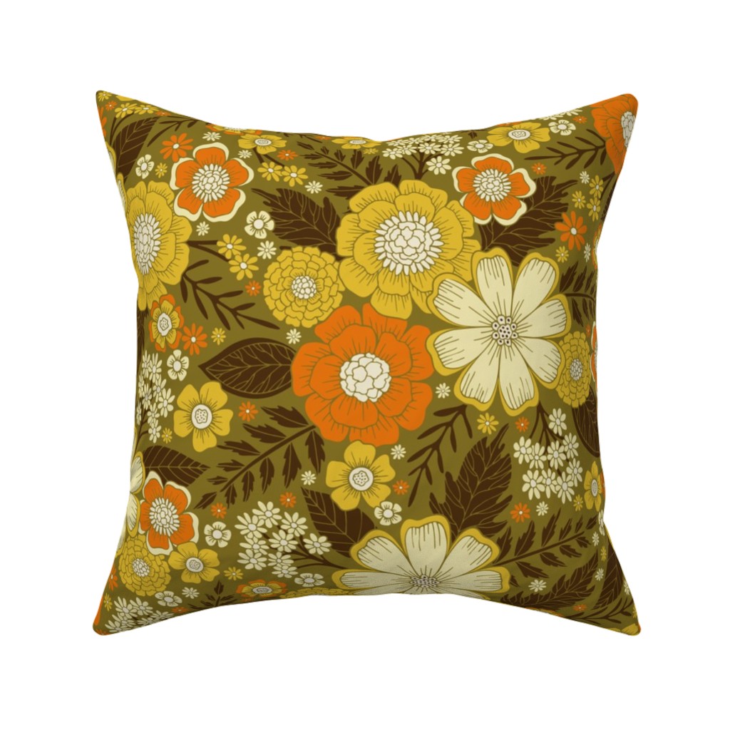 1970s Retro/Vintage Floral - Yellow and Brown Pillow, Woven, White, 16x16, Double Sided, Yellow