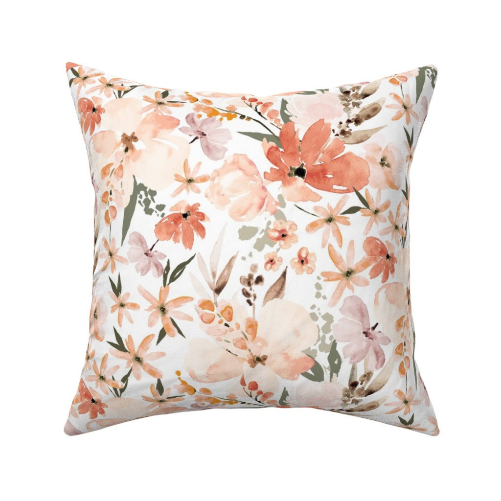 Earth Tone Floral Summer in Peach & Apricot Pillow, Woven, White, 16x16, Double Sided, Pink, Bright Pink