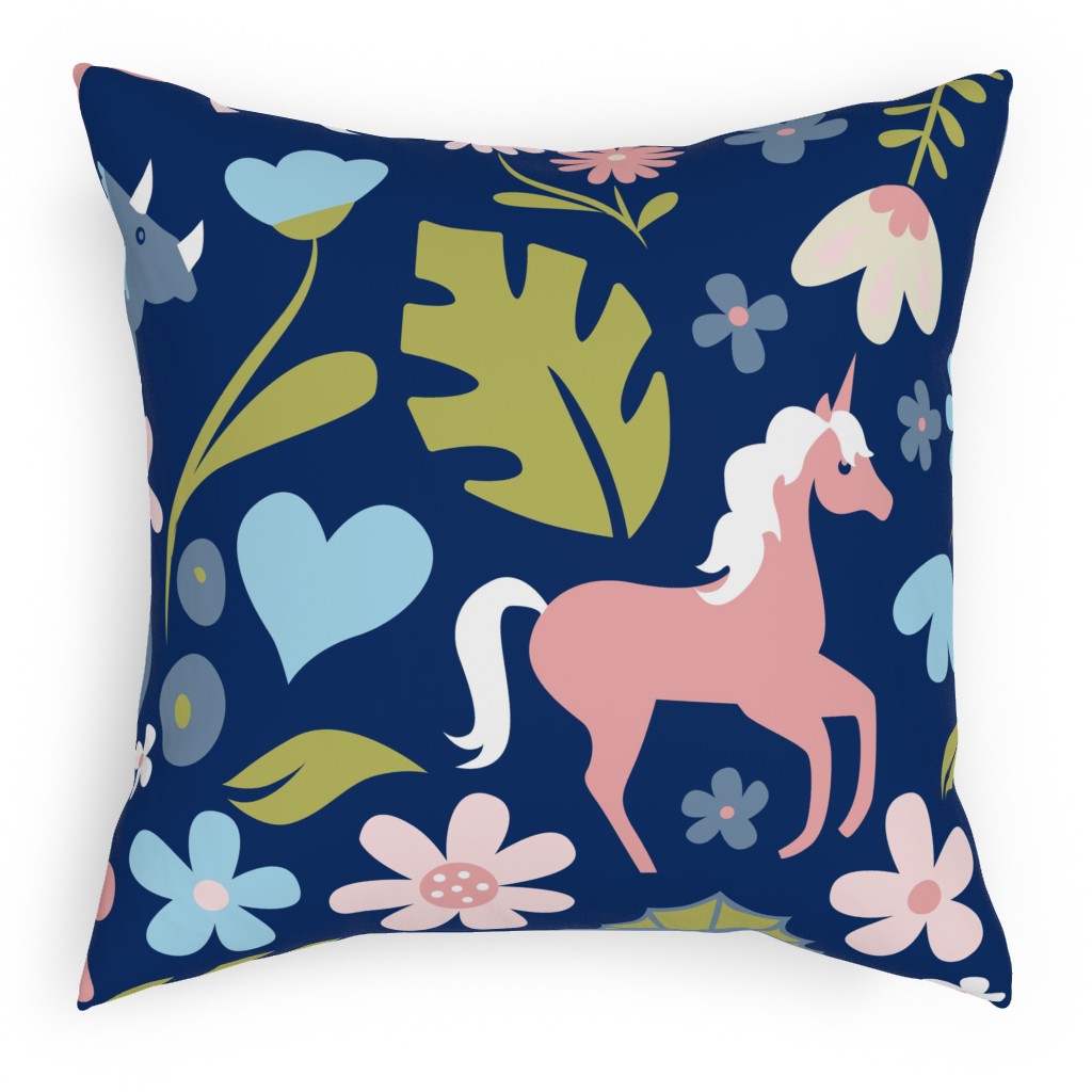 Dinosaurs and Unicorns - Dark Blue Pillow, Woven, White, 18x18, Double Sided, Multicolor