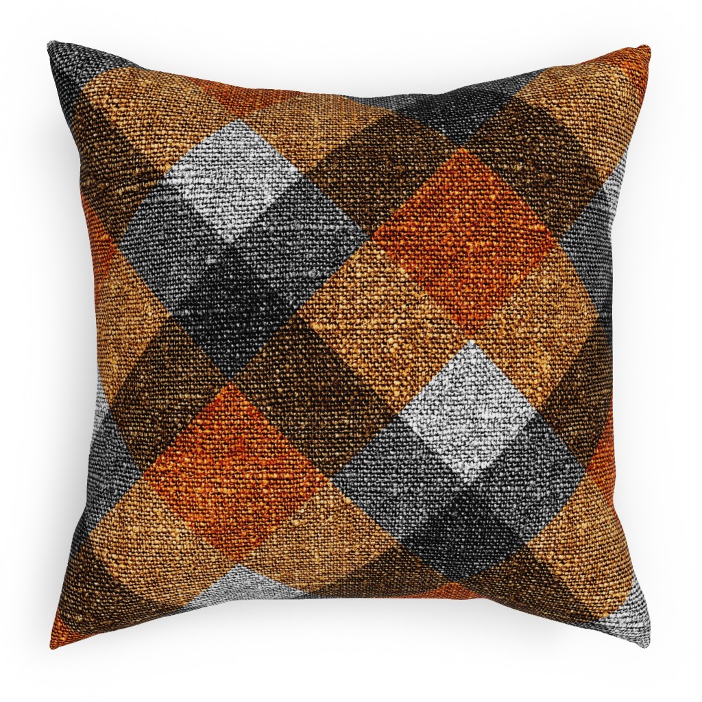Fall Textured Plaid - Orange and Gray Pillow, Woven, White, 18x18, Double Sided, Orange