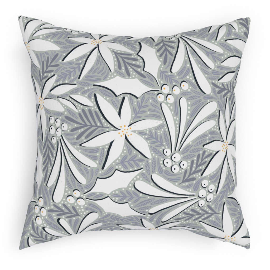 Poinsettia, Holly, & Mistletoe - White & Grey Pillow, Woven, White, 18x18, Double Sided, Gray, Gray