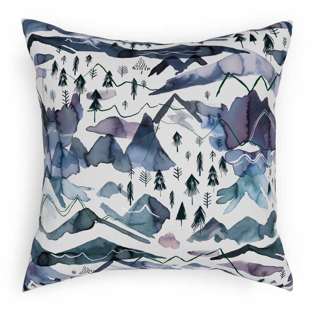 Watercolor Mountains Landscape - Blue Pillow, Woven, White, 18x18, Double Sided, Blue