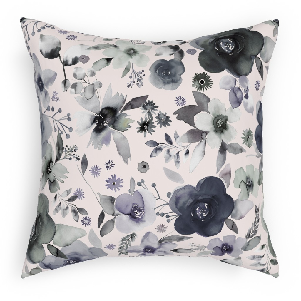 Wintery Watercolor Flower Bouquets - Navy Pillow, Woven, White, 18x18, Double Sided, Blue