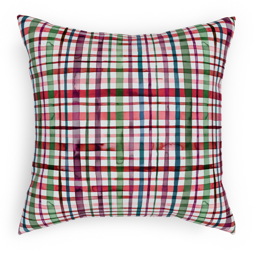 Watercolor Gingham - Red and Green Pillow, Woven, White, 18x18, Double Sided, Multicolor