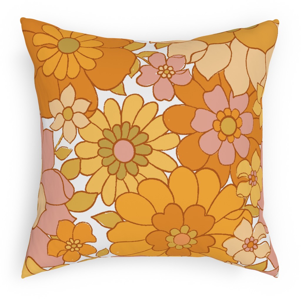 Avery Retro Floral - Orange on White Pillow, Woven, White, 18x18, Double Sided, Orange