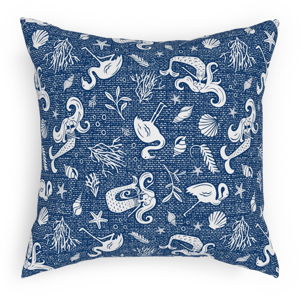 Beachy Keen Mermaid and Flamingo - Blue Pillow, Woven, White, 18x18, Double Sided, Blue