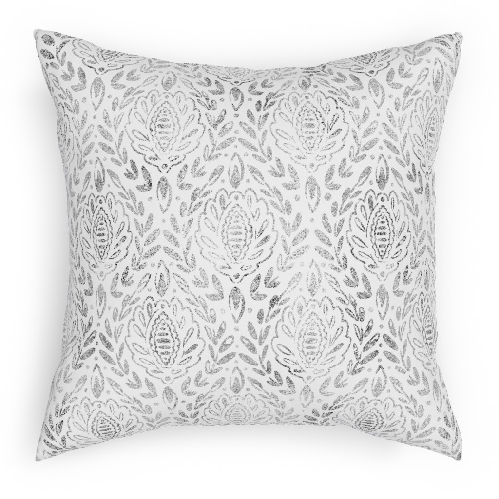 Distressed Damask Leaves - Grey Pillow, Woven, White, 18x18, Double Sided, Gray, Gray