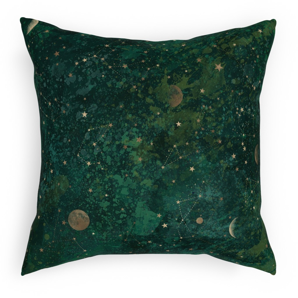 Moon and Stars - Green Pillow, Woven, White, 18x18, Double Sided, Green, Classic Green