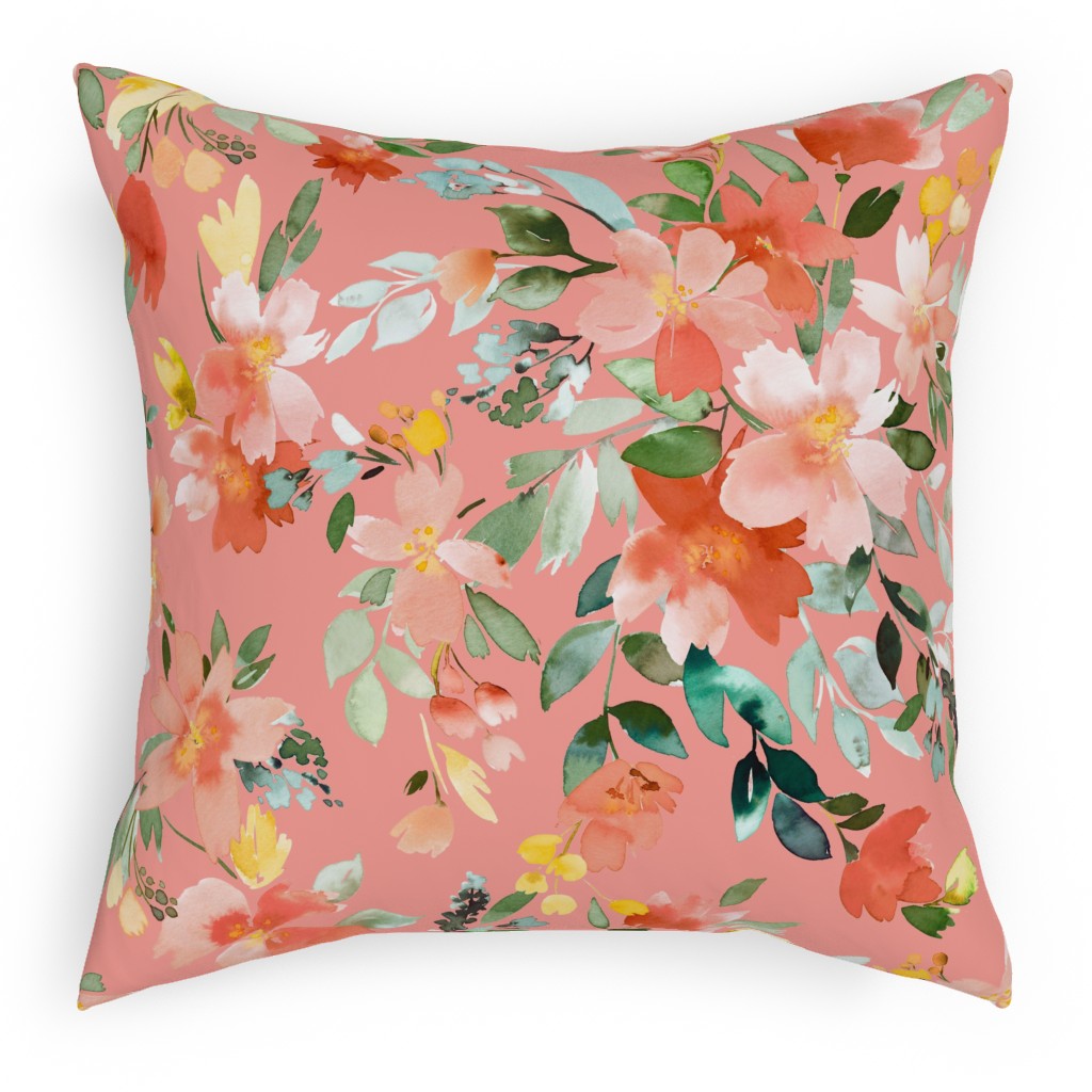 Summery Oleander Floral - Coral Pink Pillow, Woven, White, 18x18, Double Sided, Pink, Bright Pink
