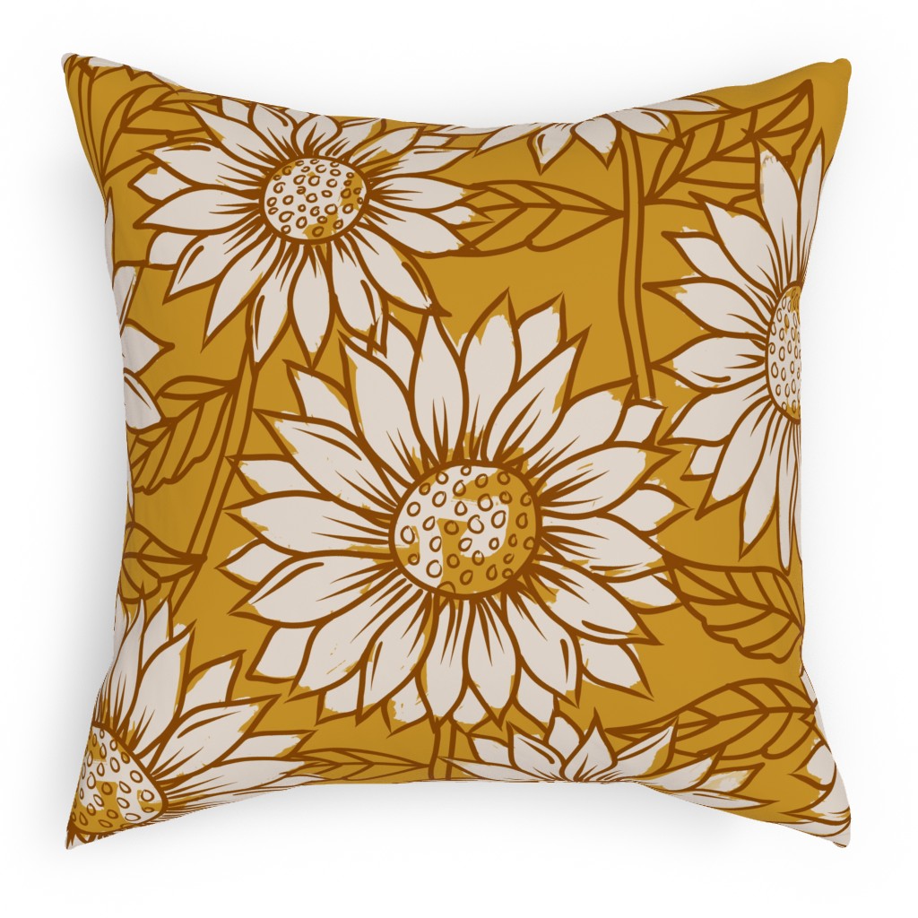 Golden Sunflowers - Yellow Pillow, Woven, White, 18x18, Double Sided, Yellow