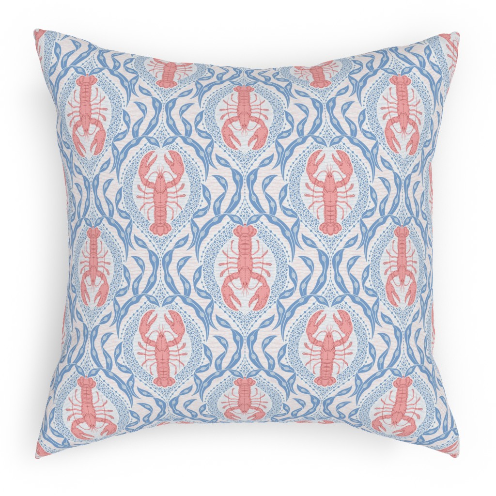 Lobster and Seaweed Nautical Damask - White, Coral Pink and Cornflower Blue Pillow, Woven, White, 18x18, Double Sided, Blue