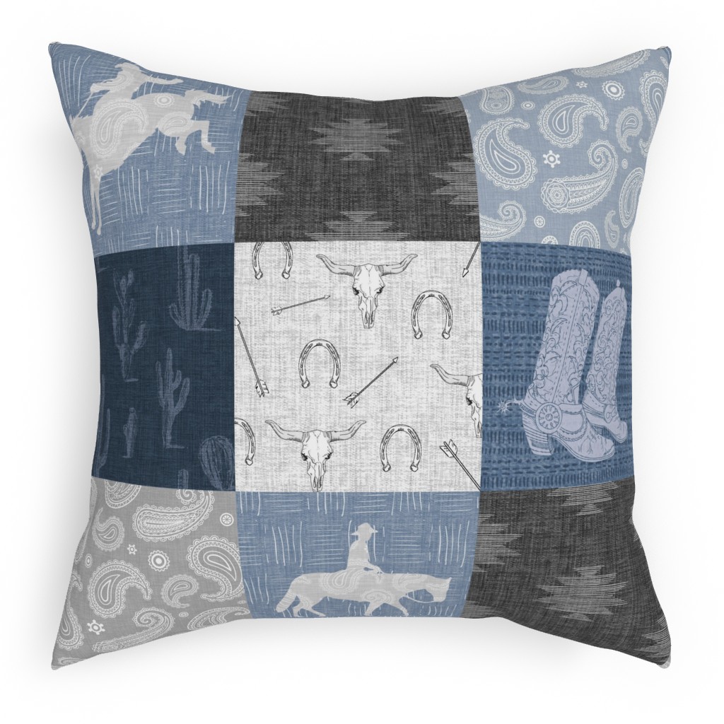 Lone Cowboy - Blue and Gray Pillow, Woven, White, 18x18, Double Sided, Blue