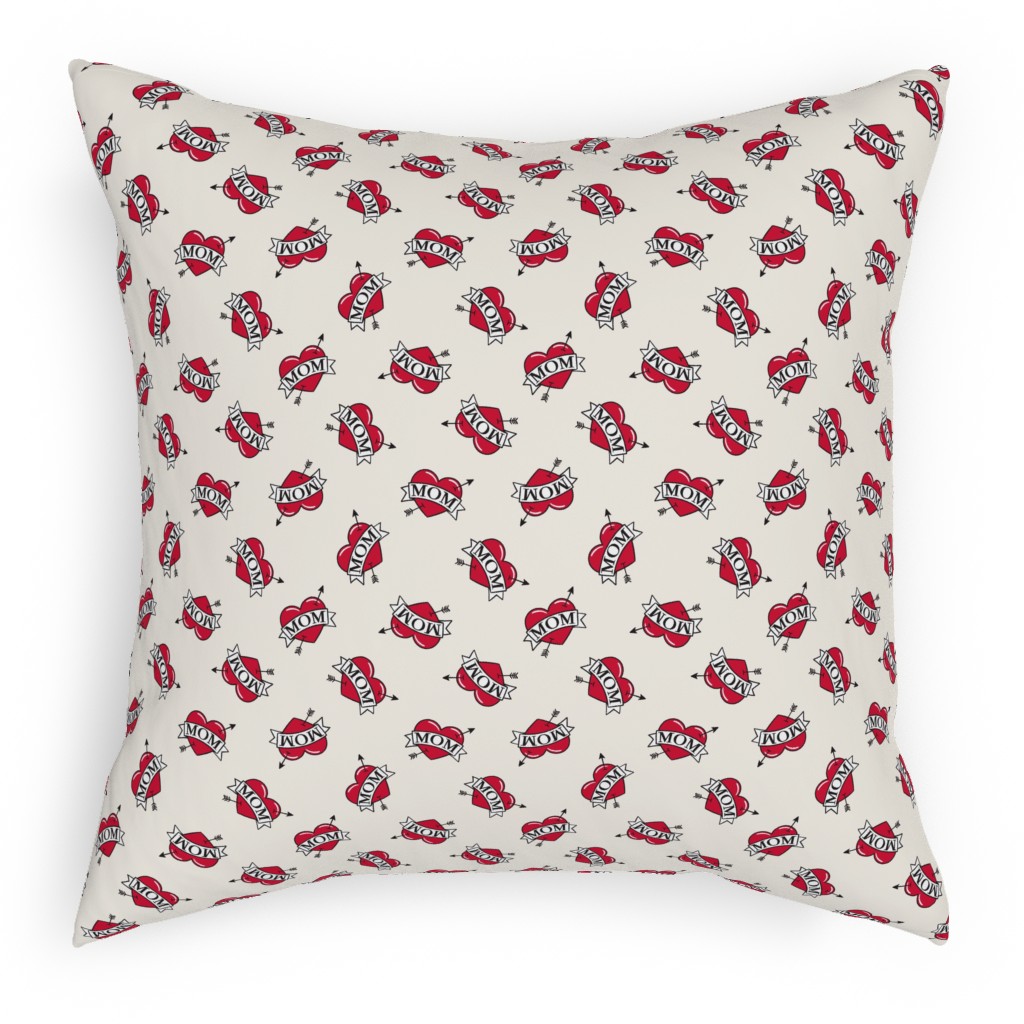 Mom Heart Tattoo - Red on Cream Pillow, Woven, White, 18x18, Double Sided, Red, Red