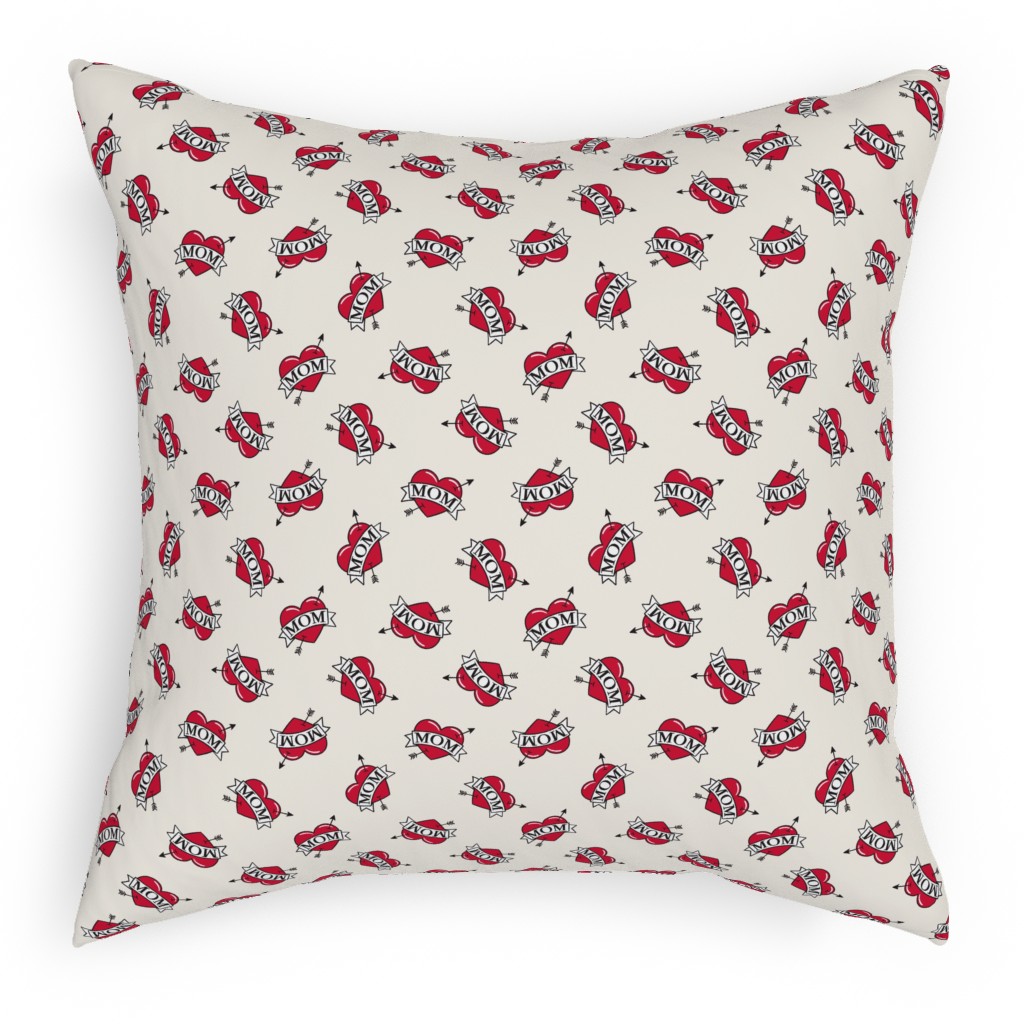 Mom Heart Tattoo - Red on Cream Pillow, Woven, White, 18x18, Double Sided, Red