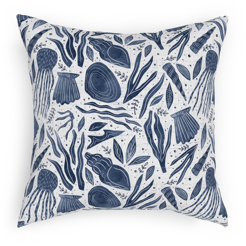 Sea Shells - Navy Pillow, Woven, White, 18x18, Double Sided, Blue