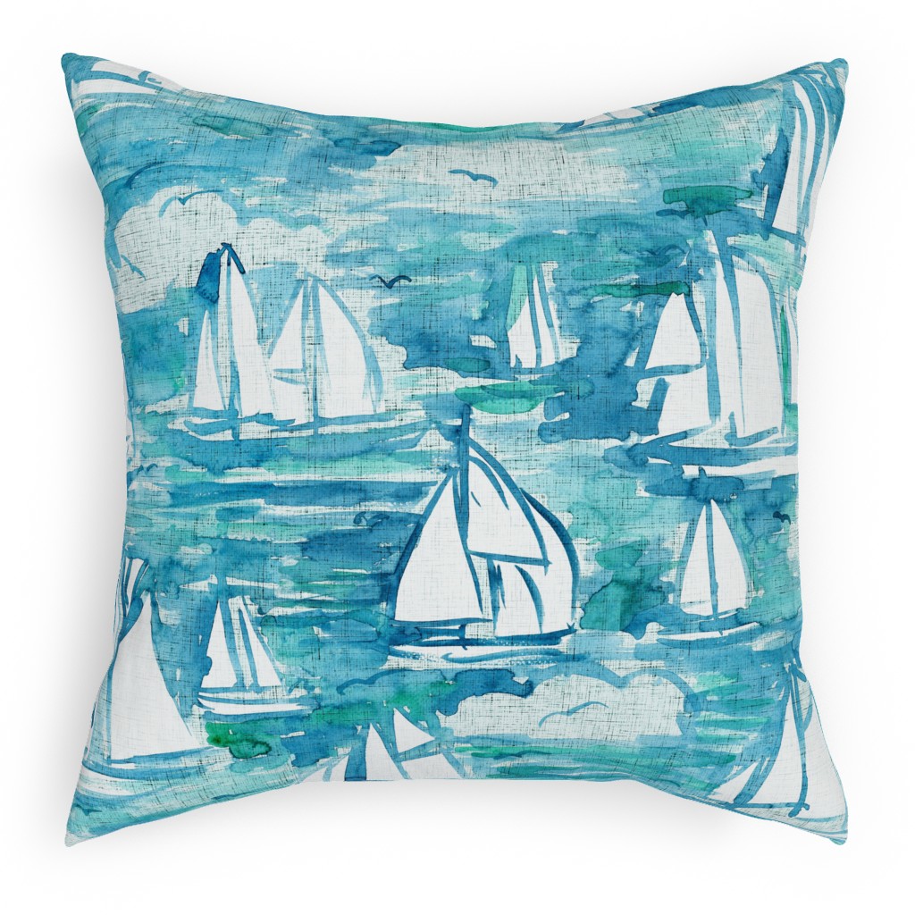 Sailboats Sailing Watercolor Loosely Painted - Blue Pillow, Woven, White, 18x18, Double Sided, Blue, True Blue