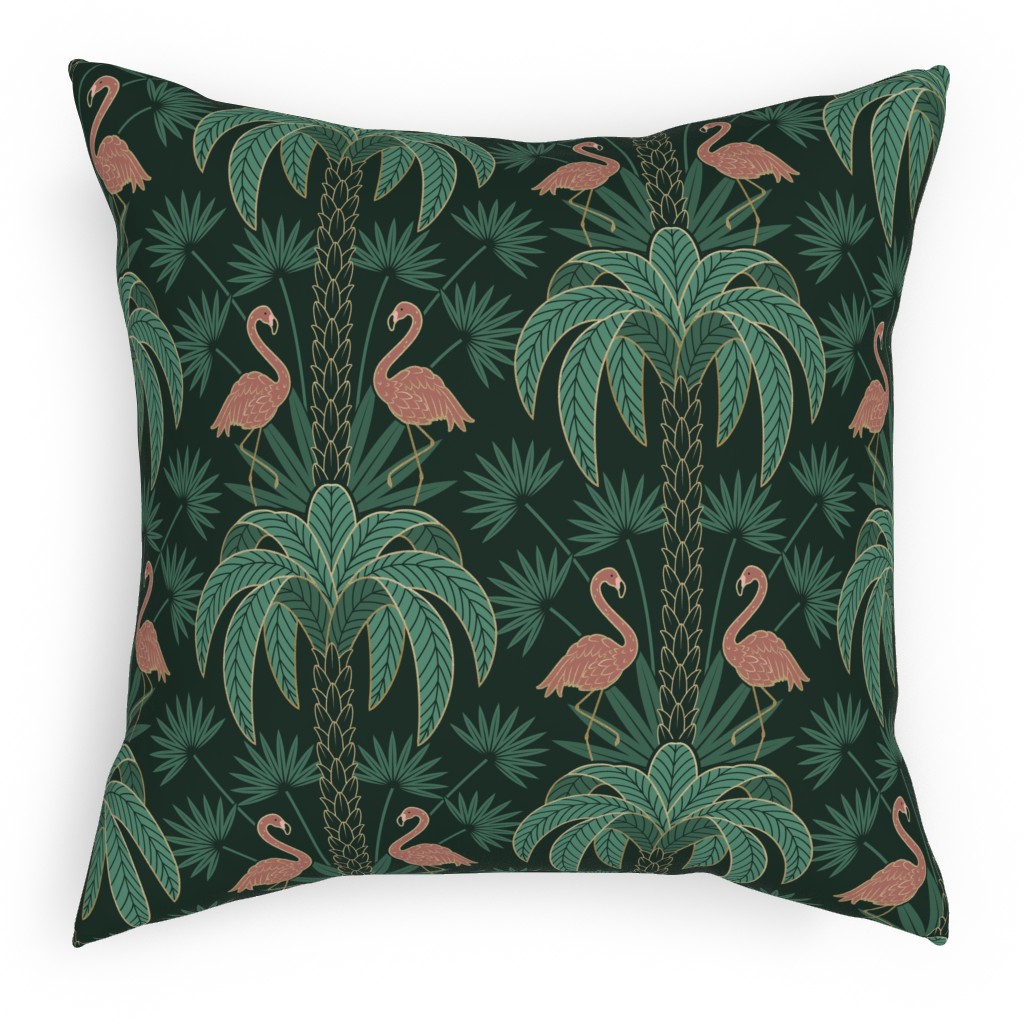 Palm Trees and Flamingos Deco Tropical Damask - Green Pillow, Woven, White, 18x18, Double Sided, Green