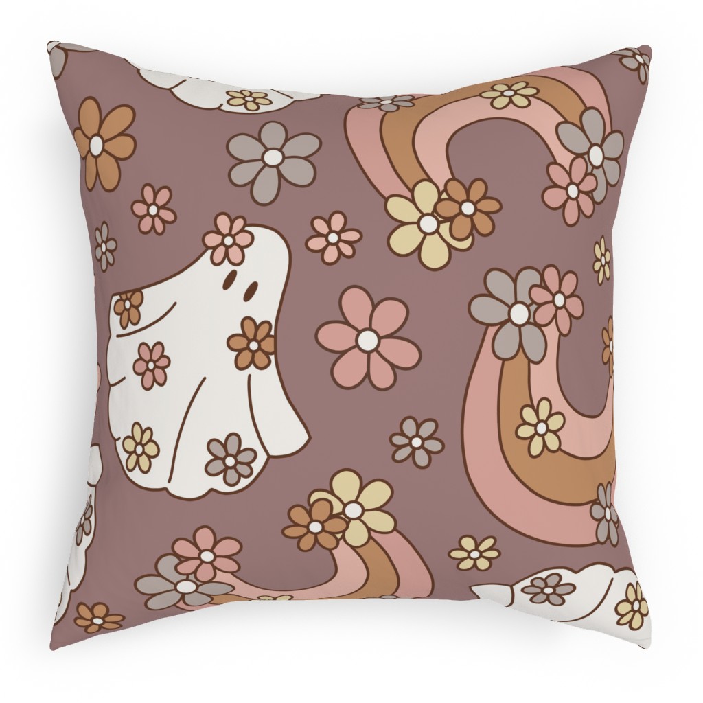 Boho Floral Ghosts Pillow, Woven, White, 18x18, Double Sided, Purple, Faded Rose