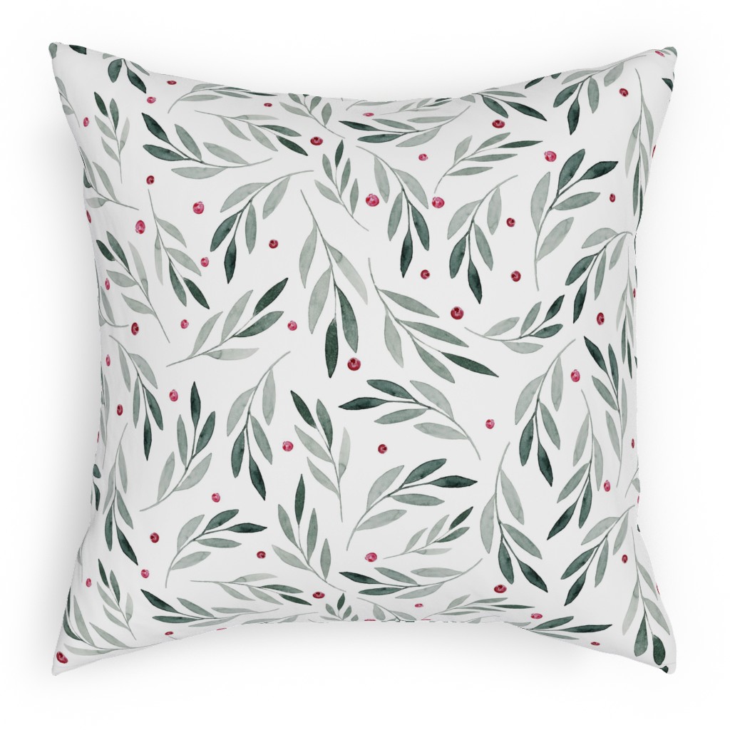Festive Christmas Green Leaves & Red Berries Pillow, Woven, White, 18x18, Double Sided, White, White