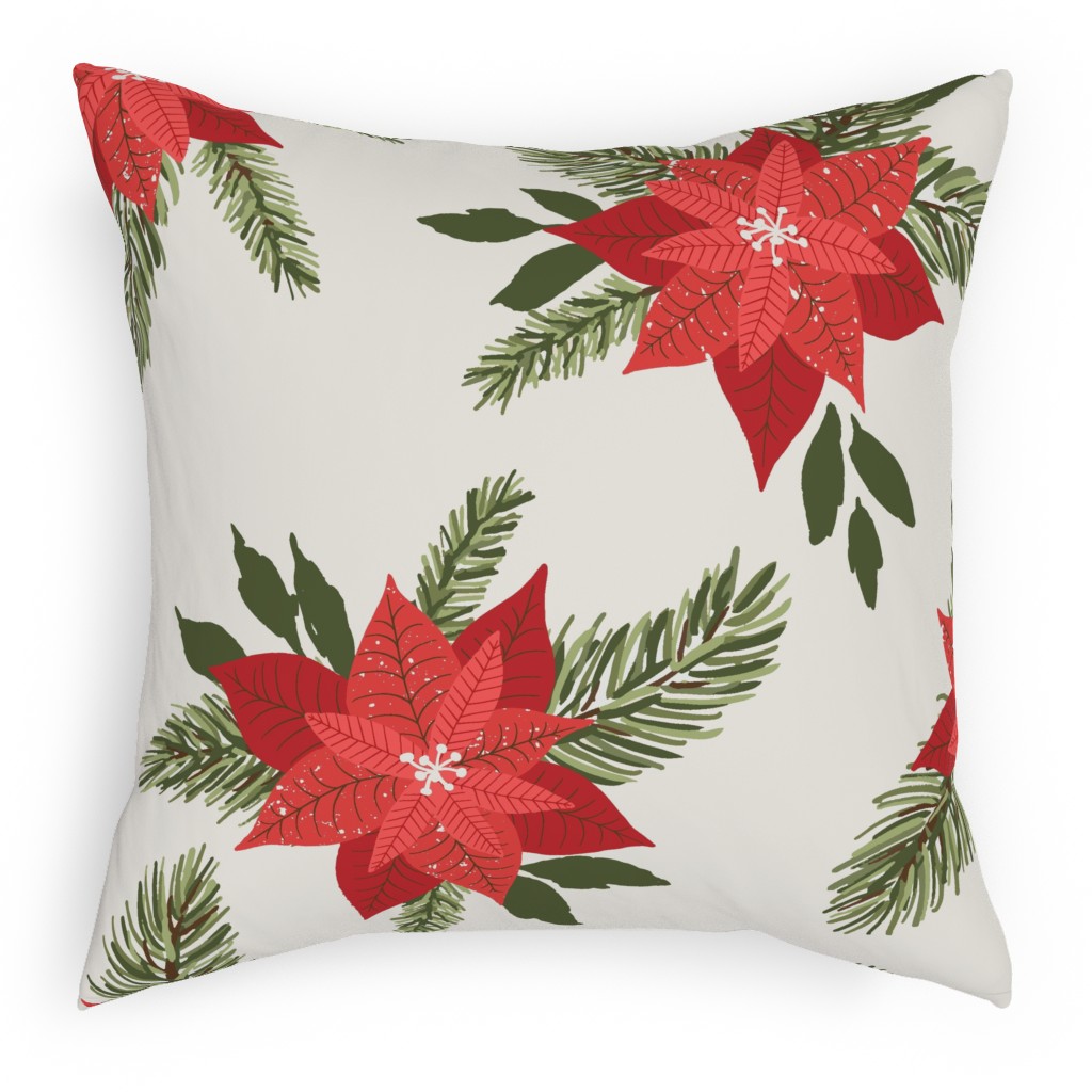 Poinsettia Christmas Flower Pillow, Woven, White, 18x18, Double Sided, Beige
