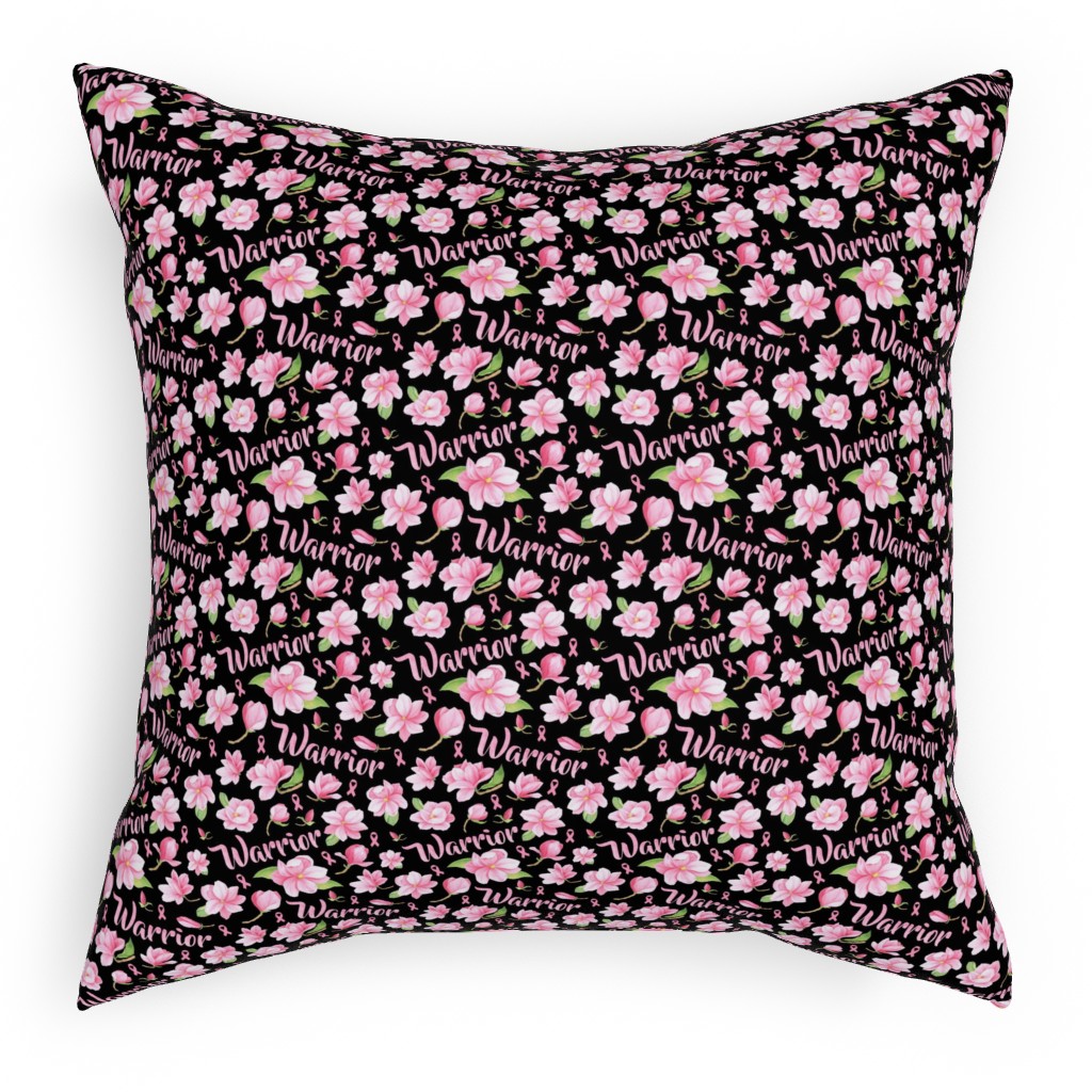Warrior Pink Ribbon and Flowers - Pink Pillow, Woven, White, 18x18, Double Sided, Pink