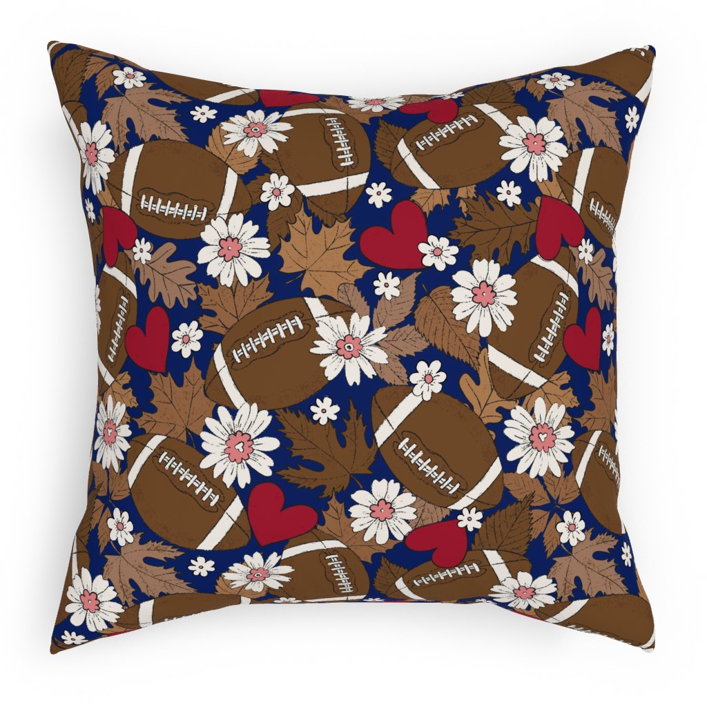 Football Fall and Florals Pillow, Woven, White, 18x18, Double Sided, Blue