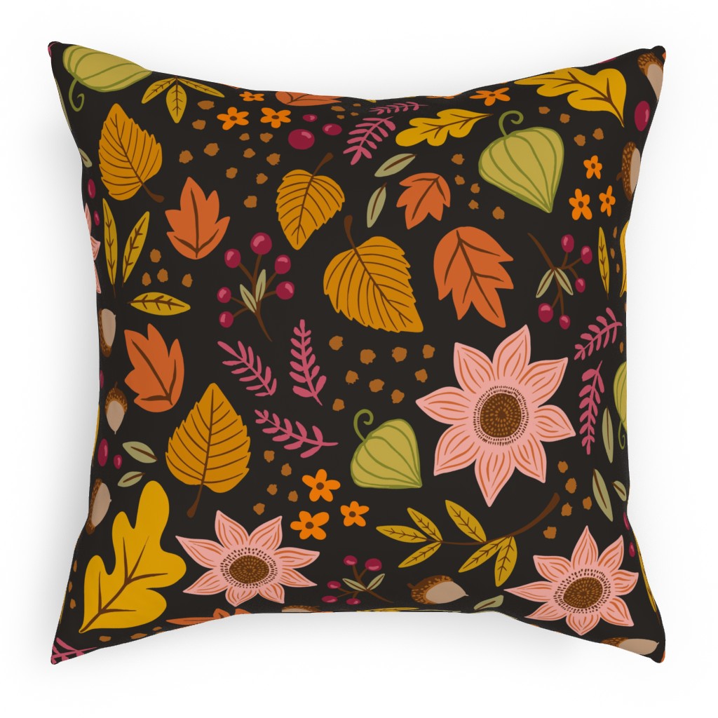 Autumn Fall Floral - Dark Pillow, Woven, White, 18x18, Double Sided, Multicolor